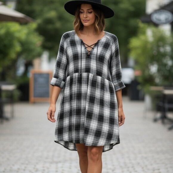Plaid V-Neck Tunic Dress – Black & White Checkered Fall Boho Style - Picture 1 of 1